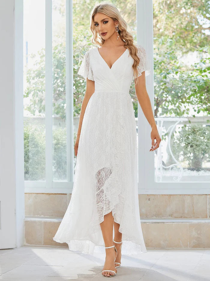 Pleated V-Neck Short Sleeve Ruffled Lace Evening Dress