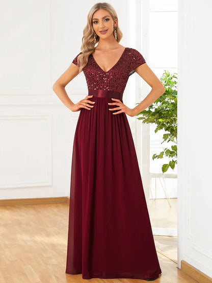 V-Neck Cap Sleeve Sequin & Chiffon Empire Waist Evening Dress