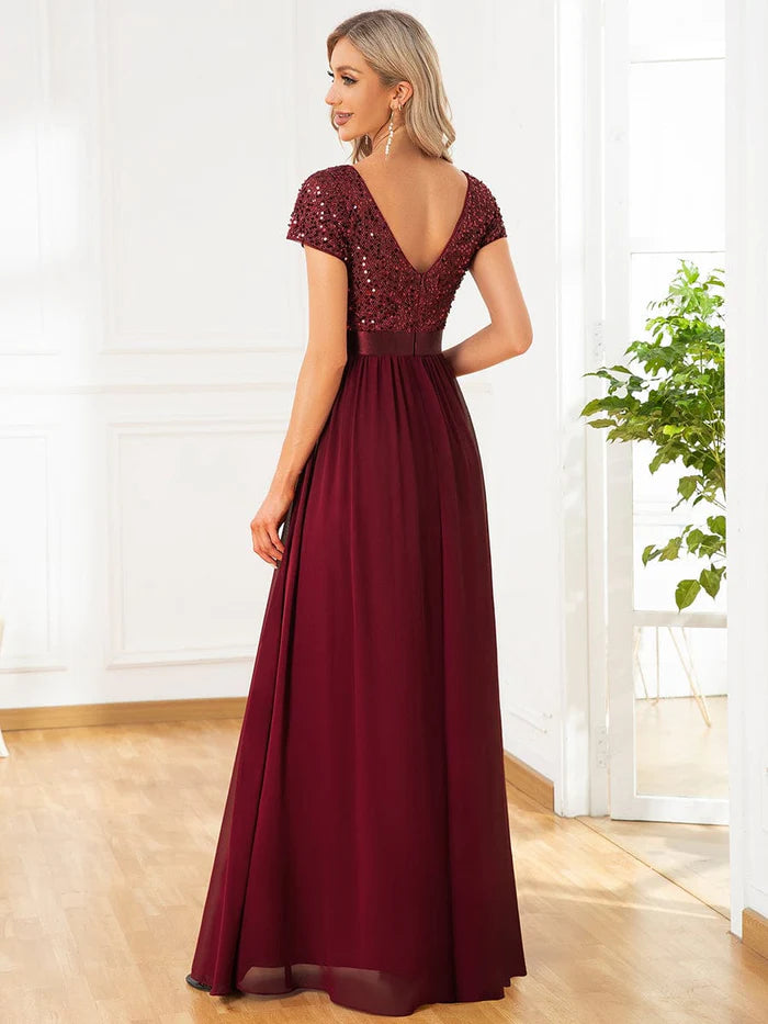 V-Neck Cap Sleeve Sequin & Chiffon Empire Waist Evening Dress