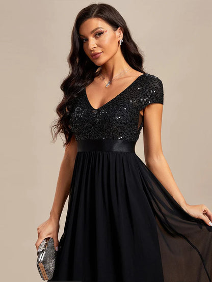 V-Neck Cap Sleeve Sequin & Chiffon Empire Waist Evening Dress