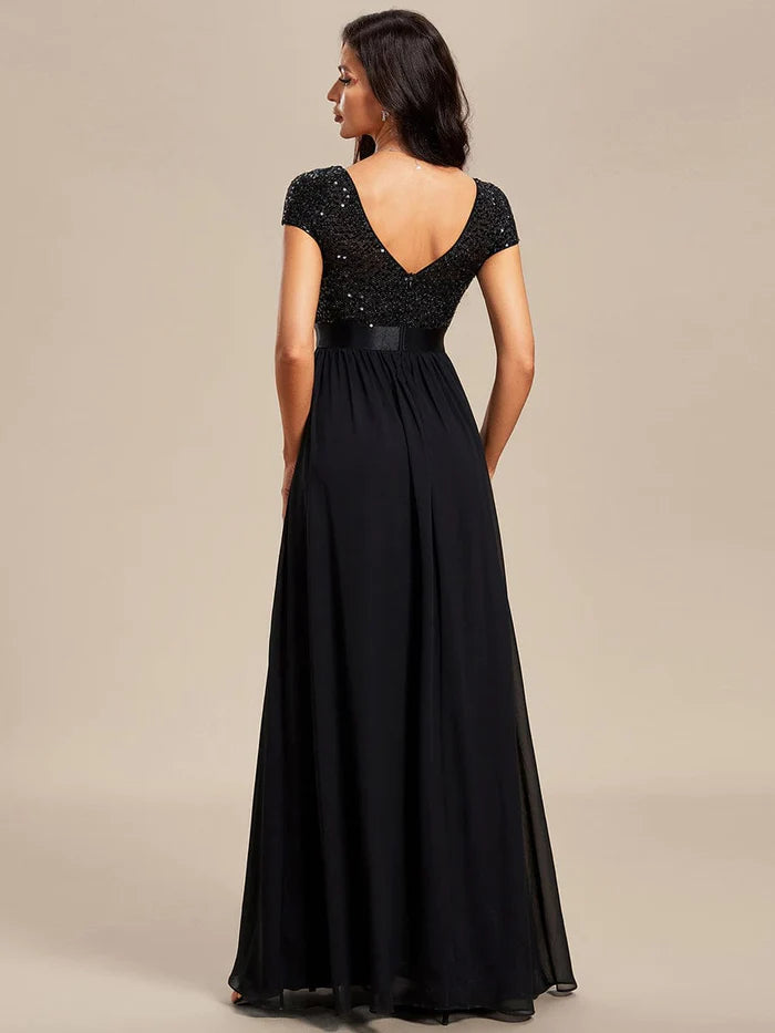 V-Neck Cap Sleeve Sequin & Chiffon Empire Waist Evening Dress