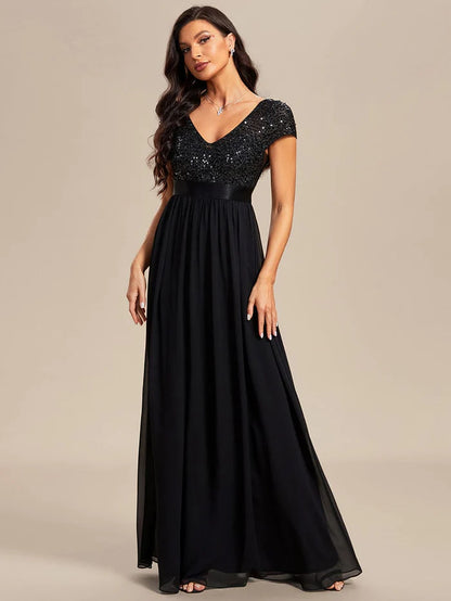 V-Neck Cap Sleeve Sequin & Chiffon Empire Waist Evening Dress