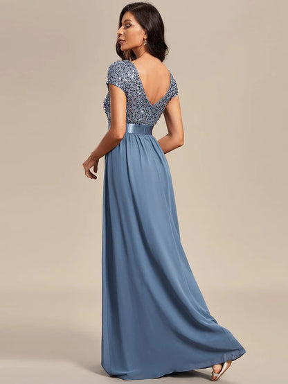 V-Neck Cap Sleeve Sequin & Chiffon Empire Waist Evening Dress