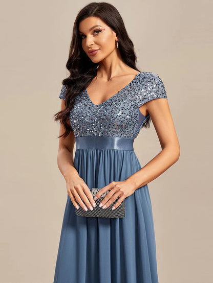 V-Neck Cap Sleeve Sequin & Chiffon Empire Waist Evening Dress