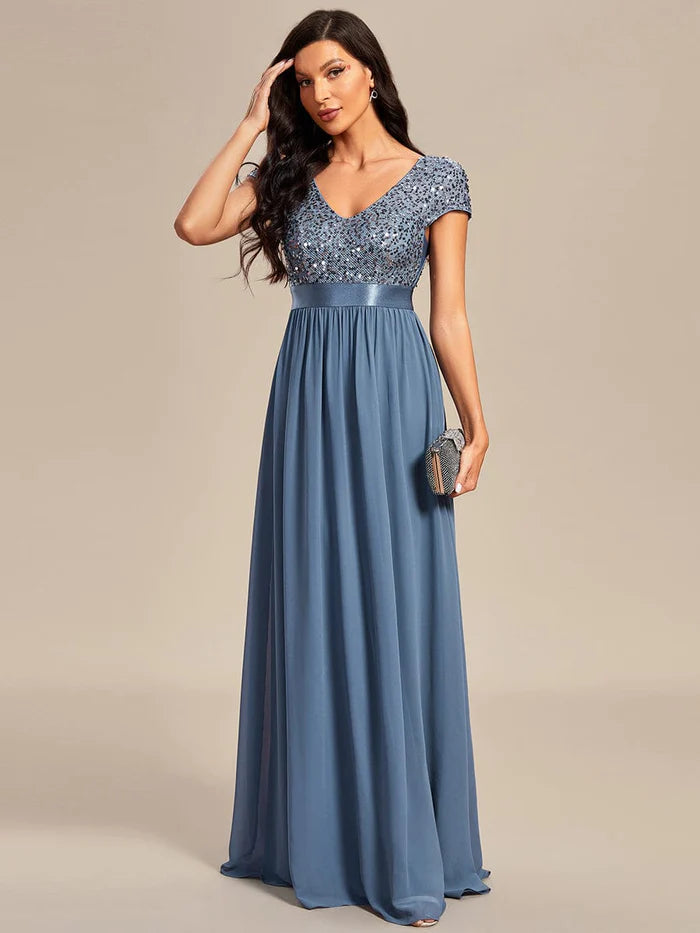 V-Neck Cap Sleeve Sequin & Chiffon Empire Waist Evening Dress