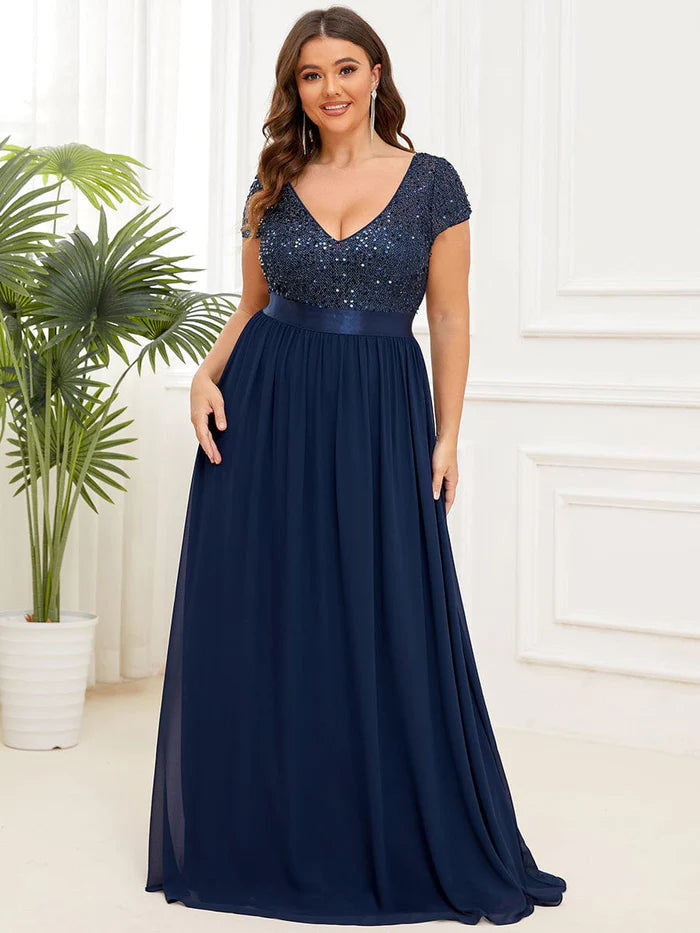 V-Neck Cap Sleeve Sequin & Chiffon Empire Waist Evening Dress