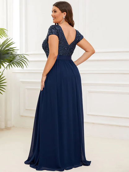 Empire Waist V-Neck Cap Sleeve Chiffon Formal Evening Dress