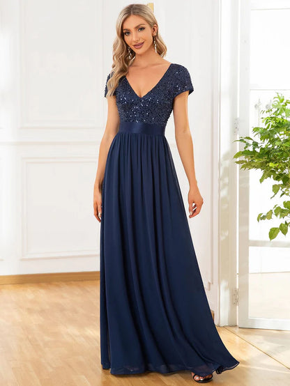 V-Neck Cap Sleeve Sequin & Chiffon Empire Waist Evening Dress