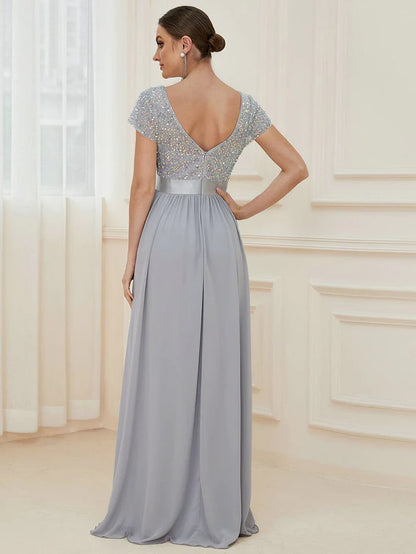 V-Neck Cap Sleeve Sequin & Chiffon Empire Waist Evening Dress