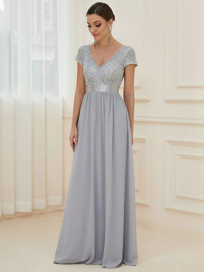 Empire Waist V-Neck Cap Sleeve Chiffon Formal Evening Dress