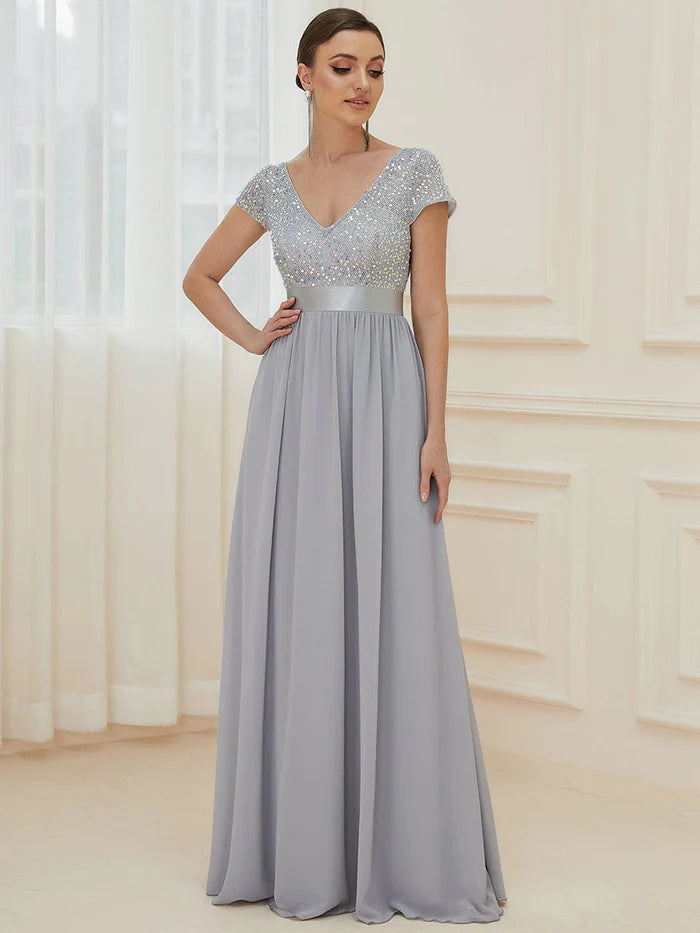 Empire Waist V-Neck Cap Sleeve Chiffon Formal Evening Dress