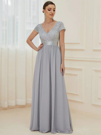 Empire Waist V-Neck Cap Sleeve Chiffon Formal Evening Dress