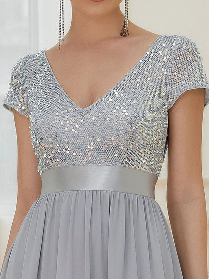 V-Neck Cap Sleeve Sequin & Chiffon Empire Waist Evening Dress