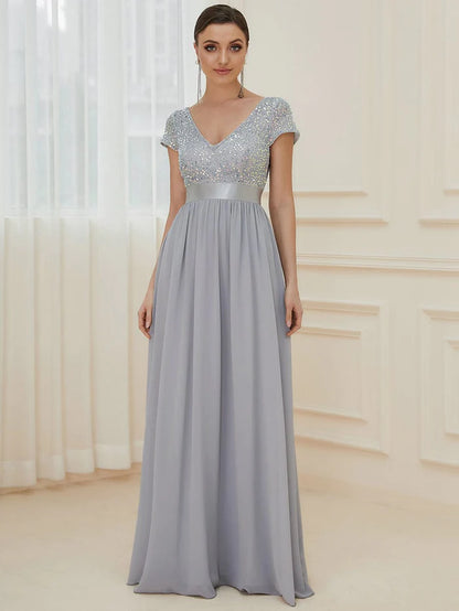 Empire Waist V-Neck Cap Sleeve Chiffon Formal Evening Dress