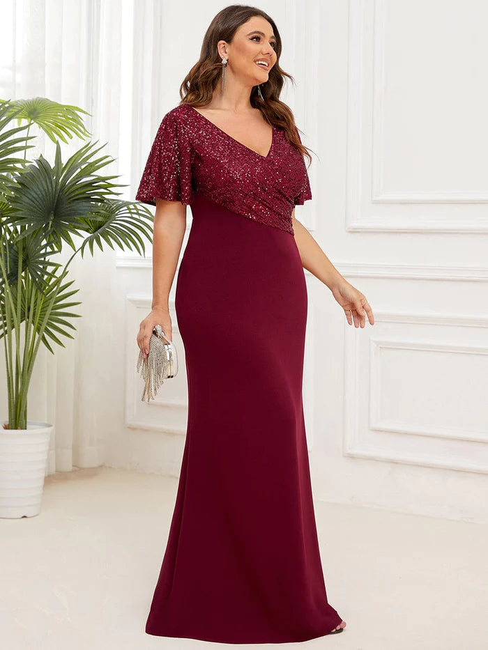 Plus Size Top Cinched Waist Column Sequin Evening Dress