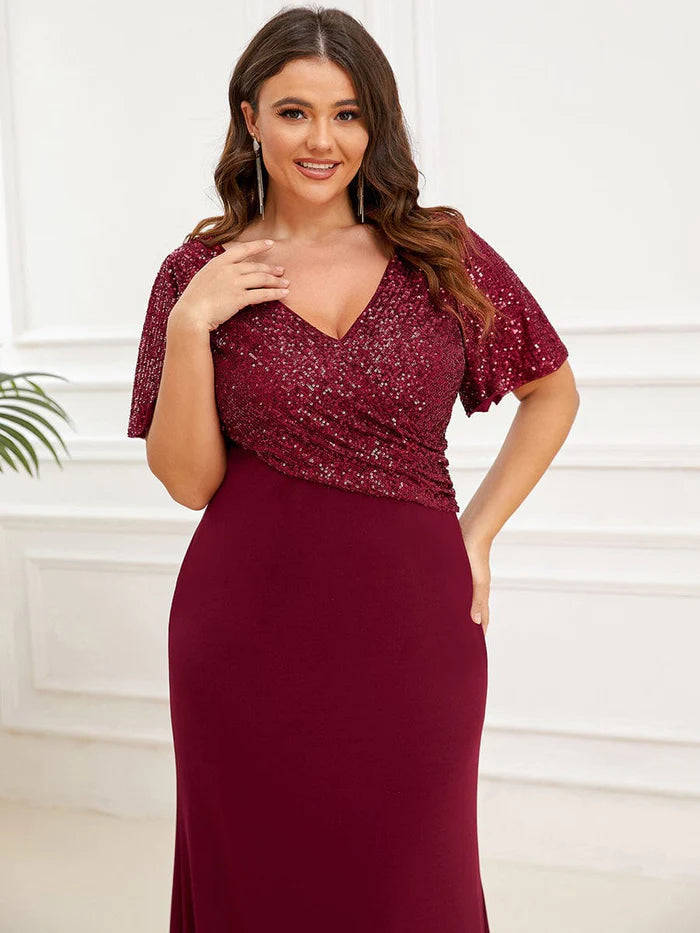 Plus Size Top Cinched Waist Column Sequin Evening Dress