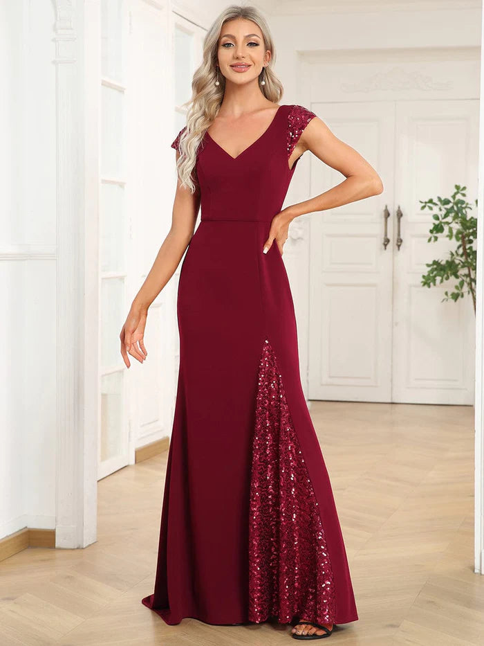 Custom Size Sequin Deep V Trail Sequin Fashion Evening Dress