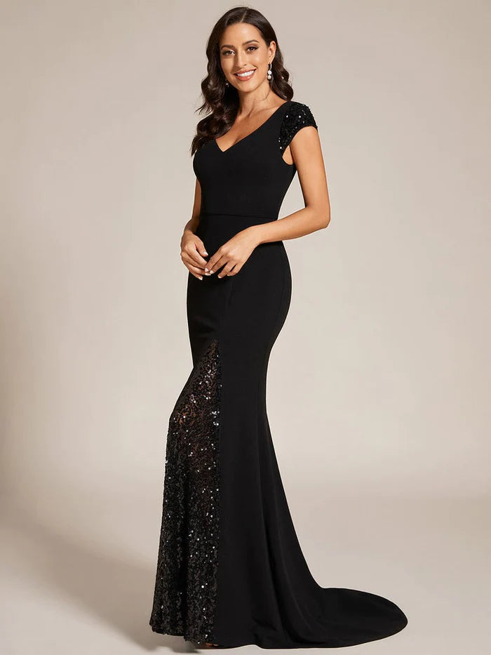 Custom Size Sequin Deep V Trail Sequin Fashion Evening Dress