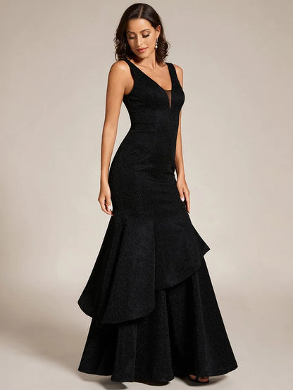 Custom Size Sleeveless V-Neck Floor Length Ruffle Evening Dress