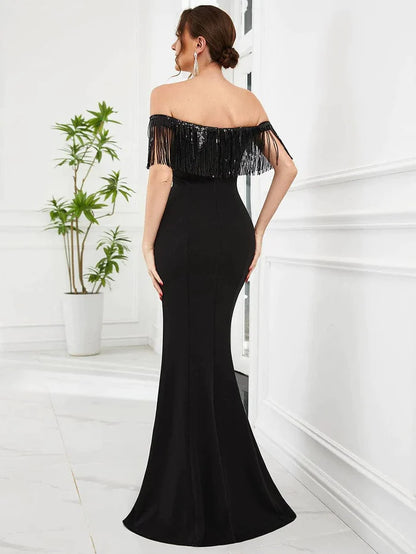 Fringe Off-Shoulder Beaded Bodycon Fishtail Evening Dress