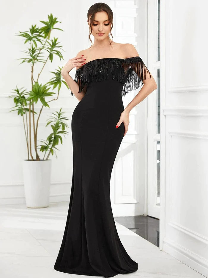 Fringe Off-Shoulder Beaded Bodycon Fishtail Evening Dress