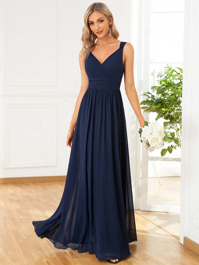 Sleeveless Chiffon Tie Waist V-Neck A-Line Evening Dress