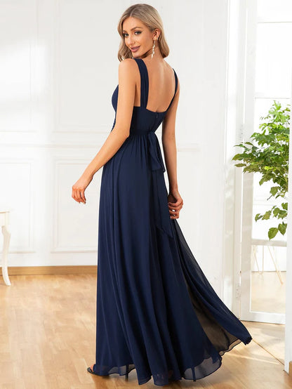 Sleeveless Chiffon Tie Waist V-Neck A-Line Evening Dress