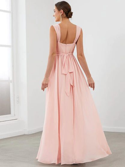 Sleeveless Chiffon Tie Waist V-Neck A-Line Evening Dress