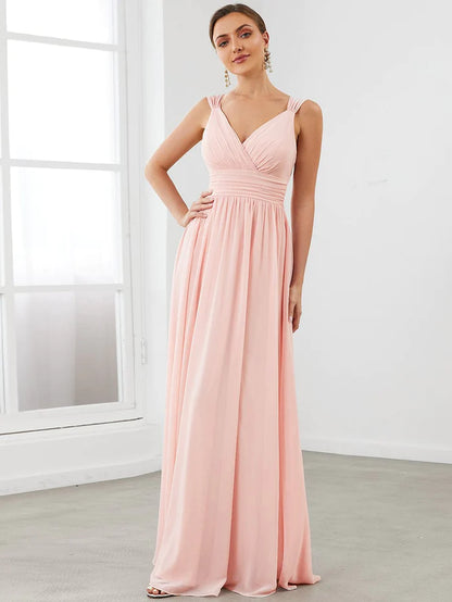 Sleeveless Chiffon Tie Waist V-Neck A-Line Evening Dress