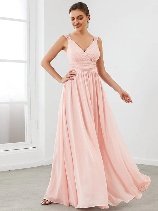 Sleeveless Chiffon Tie Waist V-Neck A-Line Evening Dress