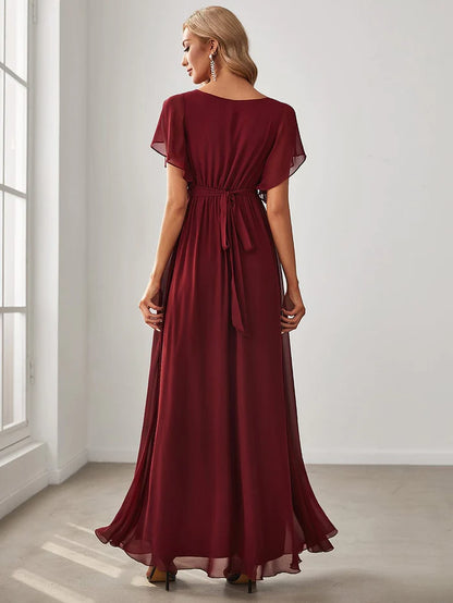 Custom Size V-Neck Flutter Sleeve Floor-Length A-Line Chiffon Evening Dress