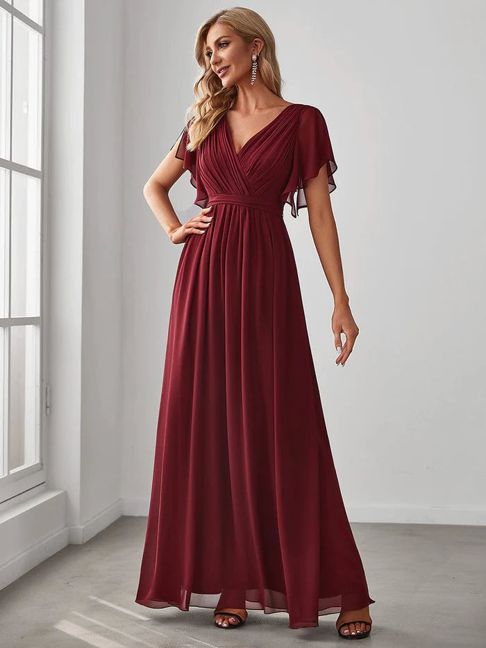 Custom Size V-Neck Flutter Sleeve Floor-Length A-Line Chiffon Evening Dress