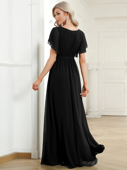 Custom Size V-Neck Flutter Sleeve Floor-Length A-Line Chiffon Evening Dress