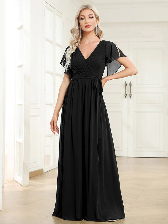 Custom Size V-Neck Flutter Sleeve Floor-Length A-Line Chiffon Evening Dress