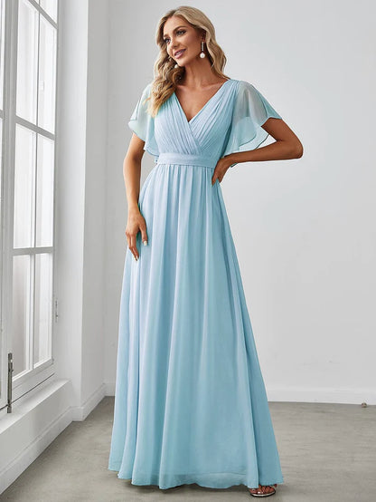 V-Neck Flutter Sleeve Floor-Length A-Line Chiffon Bridesmaid Dress