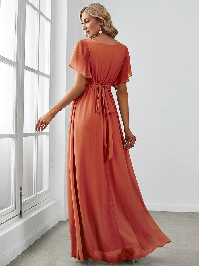 Custom Size V-Neck Flutter Sleeve Floor-Length A-Line Chiffon Evening Dress