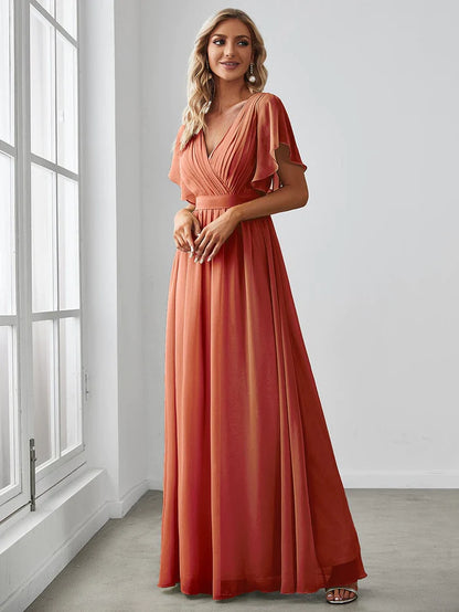 V-Neck Flutter Sleeve Floor-Length A-Line Chiffon Bridesmaid Dress