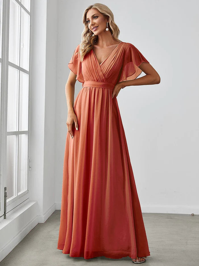 Custom Size V-Neck Flutter Sleeve Floor-Length A-Line Chiffon Evening Dress