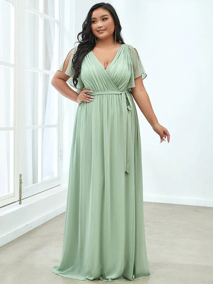 A-Line Pleated Chiffon Tie-Waist Evening Dress