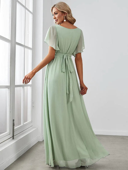 Custom Size V-Neck Flutter Sleeve Floor-Length A-Line Chiffon Evening Dress