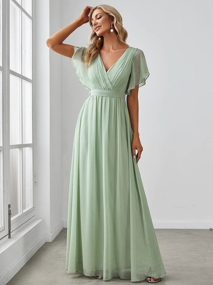 A-Line Pleated Chiffon Tie-Waist Evening Dress