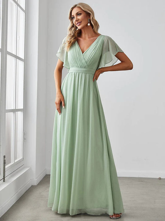 A-Line Pleated Chiffon Tie-Waist Evening Dress