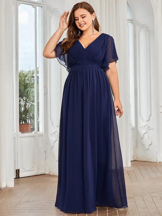 Plus Size Floor-Length Chiffon Evening Dress V-Neck Maxi