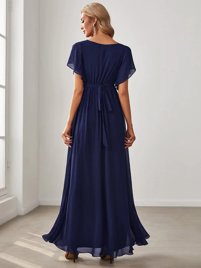 Custom Size V-Neck Flutter Sleeve Floor-Length A-Line Chiffon Evening Dress