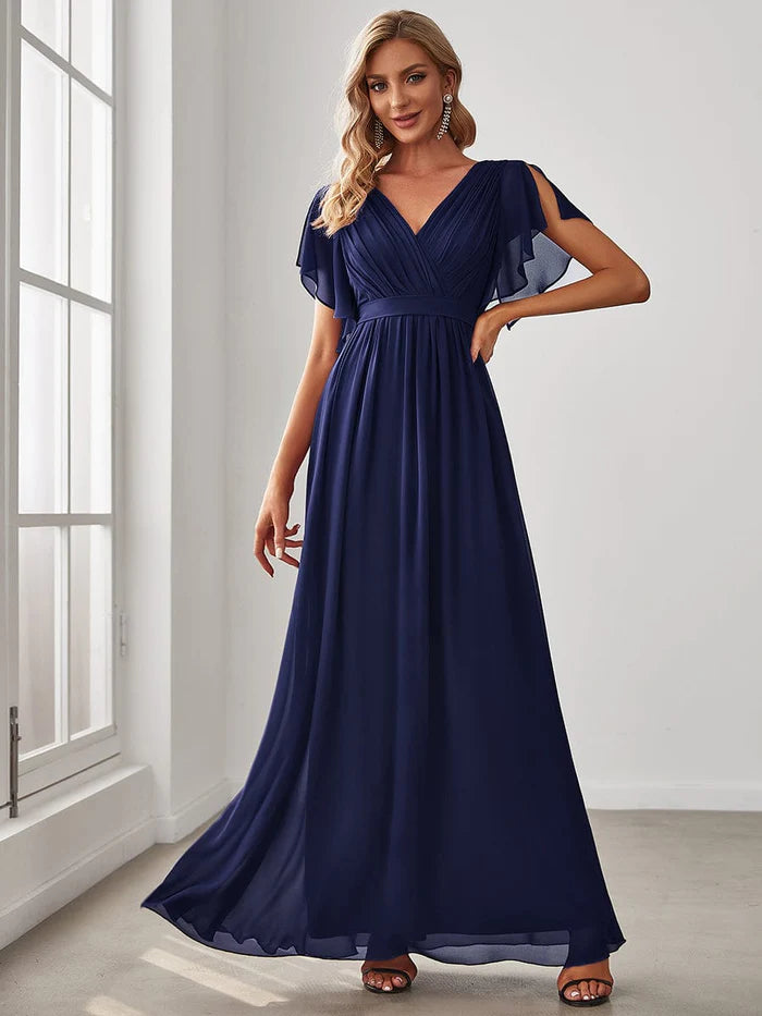 Custom Size V-Neck Flutter Sleeve Floor-Length A-Line Chiffon Evening Dress