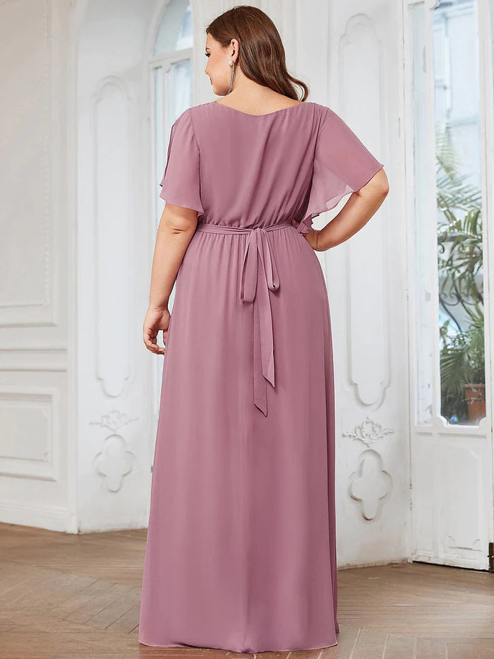 Custom Size V-Neck Flutter Sleeve Floor-Length A-Line Chiffon Evening Dress