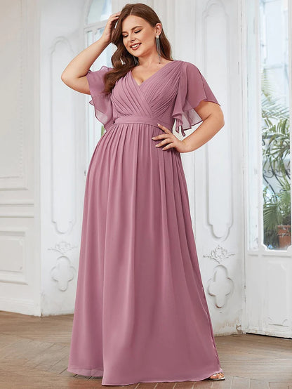 Custom Size V-Neck Flutter Sleeve Floor-Length A-Line Chiffon Evening Dress