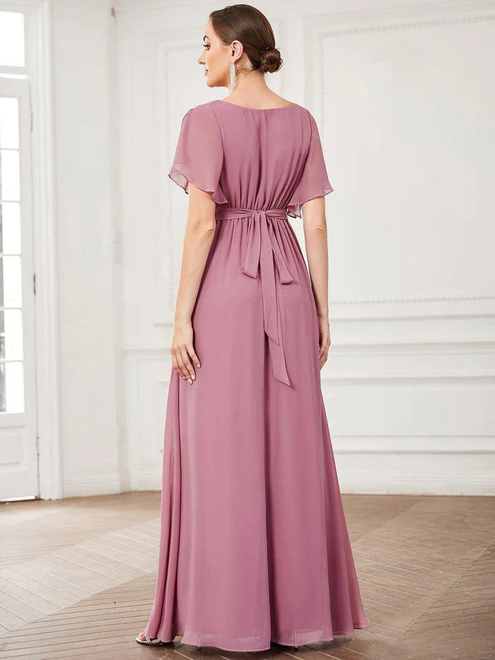 Custom Size V-Neck Flutter Sleeve Floor-Length A-Line Chiffon Evening Dress