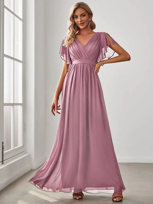 Custom Size V-Neck Flutter Sleeve Floor-Length A-Line Chiffon Evening Dress