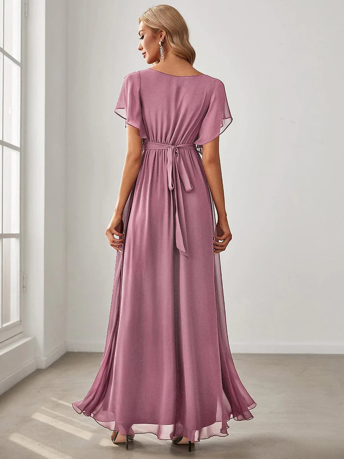 Custom Size V-Neck Flutter Sleeve Floor-Length A-Line Chiffon Evening Dress